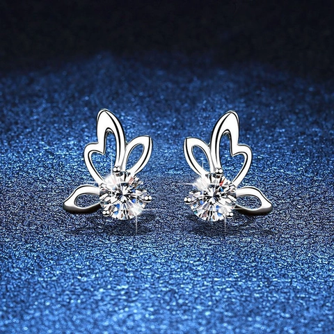 Butterfly Stud Earrings Moissanite Round Cut Shiny Gemstone 925 Sterling Silver Earring Post Fashion Women Jewelry