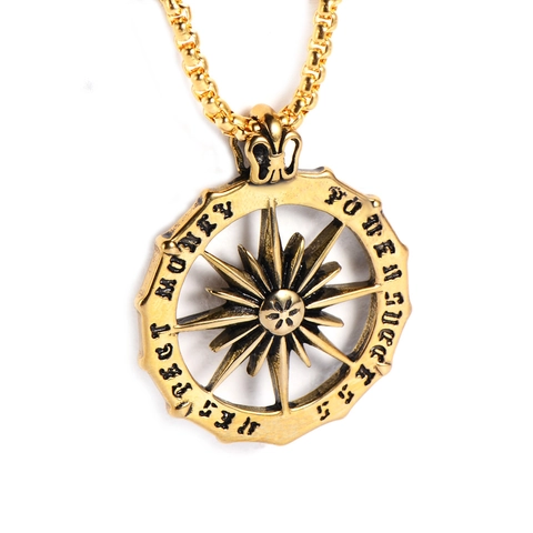 Vintage Stainless Steel Alloy Compass Star Pendant Necklace For Men Women Gothic Hip Hop Jewelry With Success Power Inscriptions