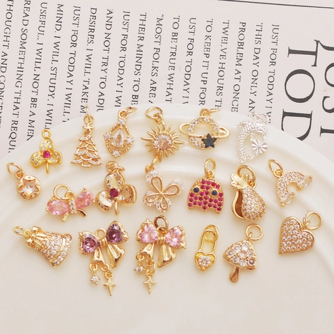 Zircon Inlaid Jewelry Charms 14K Gold Plated Pendants For DIY Necklace Bracelet Making Mushroom Bow Heart Planet Shapes