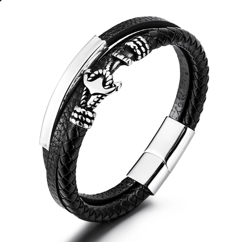 Men Multi-layer Cowhide Leather Braided Bracelet With Stainless Steel Anchor Charm Magnetic Clasp Fashion Jewelry