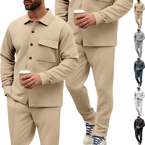 Hommes Décontracté Chemise À Revers Et Pantalon Tenues Nid D'abeille Texturé Couleur Unie Coupe Slim Automne