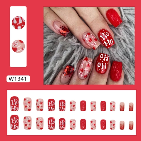 Kerst Opplaknagels Rood Glitter Ho Ho Patroon Kunstmatige Kunstnagels Feestelijke Vakantie Hart Zuurstok Voor Vrouwen