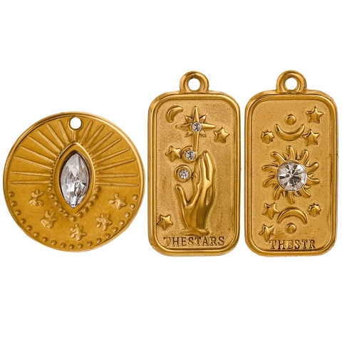 Colgantes Carta Tarot Acero Inoxidable Chapado Oro 18K Zirconia Charms Sol Estrella Palma Para Hacer Joyas DIY