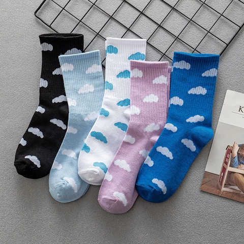 Women Crew Socks Cotton Knit Cloud Pattern Breathable Korean Style Ins Fashion Sweet Casual Footwear Accessory