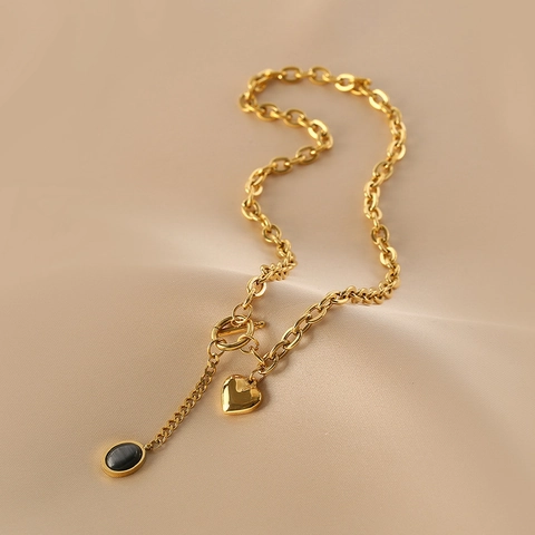 Stainless Steel Heart Pendant Necklace For Women Black Stone Toggle Clasp Hip Hop OT Buckle Gold Plated Fashion Jewelry
