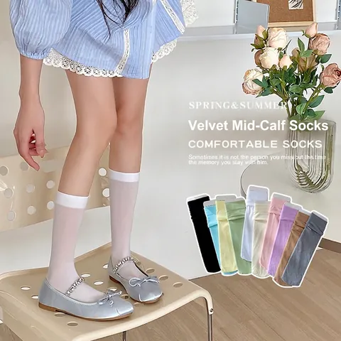 Women's Thin Velvet Slouch Socks Solid Color Japanese Style Mid-Tube Summer Ice Socks For Students Polypropylene Acrylic