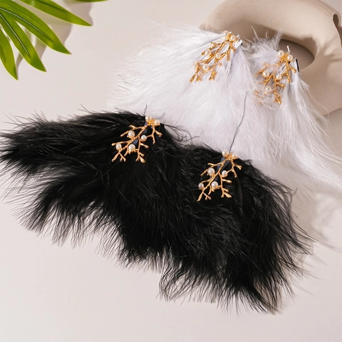Pendientes Retro De Pluma Con Rama De Árbol Perla Artificial De Imitación Aleación Para Mujer Elegante Étnico Joyería De Nicho