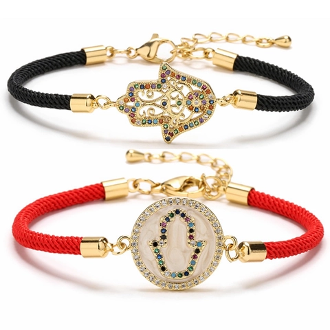 Hamsa Hand Flechtarmband Kupfer Zirkon Evil Eye Verstellbares Milan Seil Ethnischer Stil Amulett Schmuck Damen