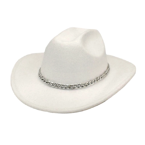 Sombrero Fedora Western Fieltro De Lana Ala Ancha Jazz Estilo Cowboy Decoración De Cadena De Metal Color Sólido Para Hombres Mujeres