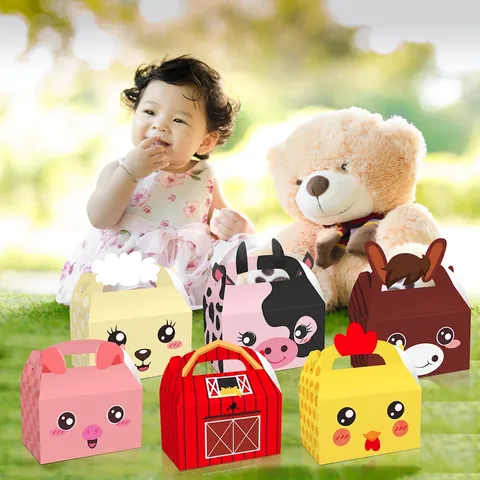 Farm Animal Theme Gift Boxes Paper Handheld Barn Cow Pig Chicken Sheep Horse Design Kids Birthday Party Favors