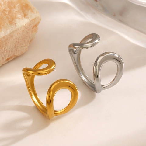 Anello Aperto In Acciaio Inossidabile A Goccia D'acqua Design A Onda Cava Regolabile Gioielli Per Dita Lucidati Donna