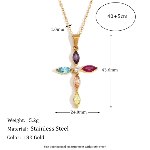 Collana Con Pendente A Croce In Acciaio Inossidabile Placcato Oro 18K Zircone Colorato Gioielli Alla Moda