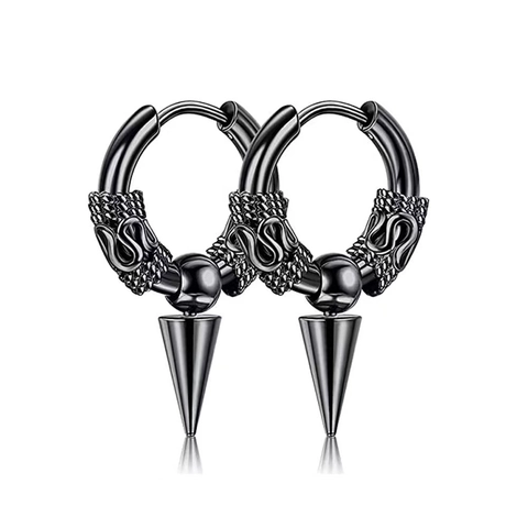 Stainless Steel Hoop Earrings Punk Gothic Dragon Scale Pattern Ear Buckle Spike Cone Bead Ring Unisex Fashion Jewelry