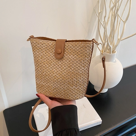 Sac Seau Tissé En Paille Simili Cuir Sac À Bandoulière Été Plage Vacances Voyage Décontracté Bohème Femmes