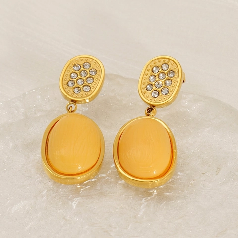 Boucles D'oreilles Pendantes Ovales Rétro Plaquées Or 18K Acier Inoxydable 304 Résine Strass Bijoux Géométriques