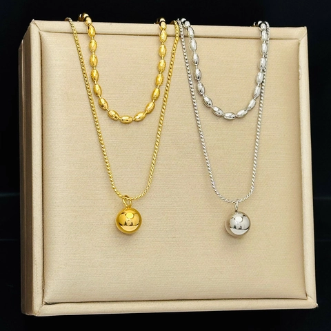 Collana con Pendente a Sfera a Doppio Strato in Acciaio al Titanio Stile Francese per Donna Elegante Catena Geometrica Gioielli Minimalisti
