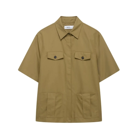 Women Short Sleeve Cargo Shirt And Pleated High Waisted Shorts Outfits Casual Summer Solid Color Woven Polyester