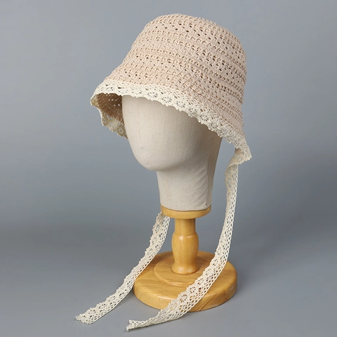 French Vintage Hollow Crochet Bucket Hat With Lace Trim And Ties Summer Sun Protection Fisherman Hat For Women Breathable
