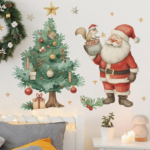 Adesivi Murali Natale Babbo Natale Acquerello Albero Di Natale PVC Decalcomanie Removibili Decorazioni Casa