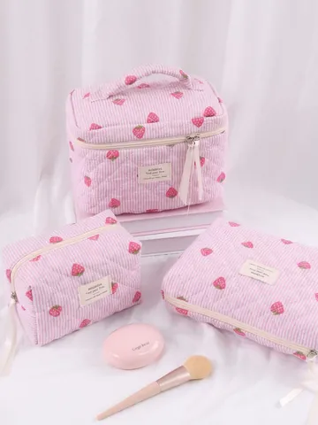 Gewatteerde Aardbei Make-up Tas Draagbare Cosmetische Organizer Opbergtas Schattig Streepjespatroon Dames