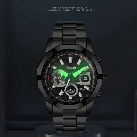 Men Quartz Watch Alloy Case Stainless Steel Leather Strap Waterproof Luminous Chronograph Sport Large Dial Calendar