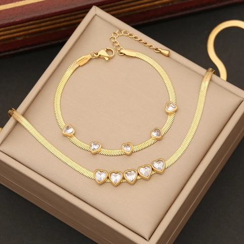 Gioielli Di Moda In Acciaio Inossidabile Ciondoli Cuore Zircone Catena Serpente Placcata Oro Collana Bracciale E Orecchini
