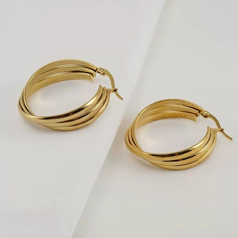 Dreilagige Creolen Edelstahl Vergoldet Verflochtenes Geometrisches Kreuz Design Schicker Minimalistischer Modeschmuck Für Damen