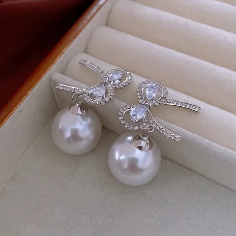 Orecchini Pendenti Con Fiocco E Perla Artificial Con Zircone Incastonato Gioielli Rame Vintage Francese Donna Silver Earring Post