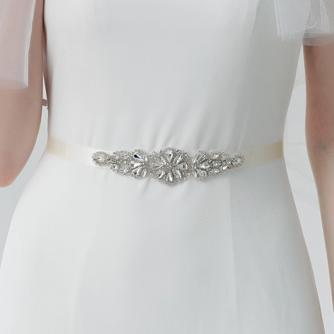 Luxury Rhinestone Flower Bridal Belt White Satin Ribbon Sash Sparkling Crystal Wedding Dress Belt For Women Wedding Party Jewelry Accessories