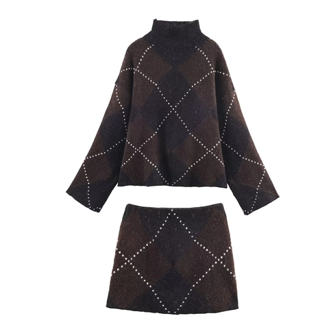 Top In Maglia Di Poliestere Con Motivo A Rombi E Mini Gonna A Collo Alto Maniche Lunghe Pullover Retro Donna Streetwear