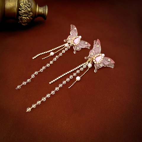Pink Butterfly Long Tassel Dangle Earrings Alloy Sparkling Rhinestone Artificial Pearl With Silver Earring Post Sweet Elegant For Women