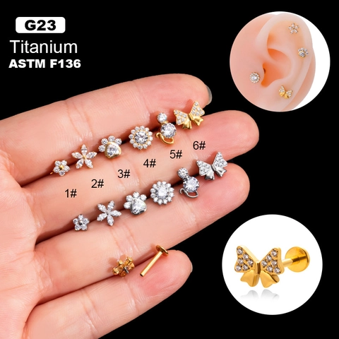 Titanium Labret Stud With Cubic Zirconia Flower Butterfly Star Shape Internal Thread Piercing Jewelry For Helix Lip