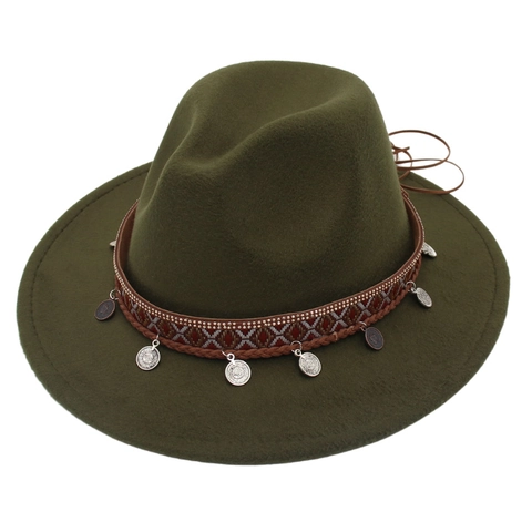 Bohemian Fedora Hat Wide Brim Ethnic Pattern Band Silver Coin Charms Vintage Jazz Cap For Stage Travel