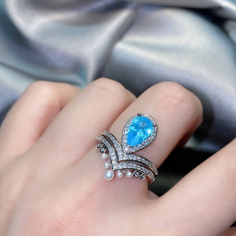 Pear Shaped Light Blue Gemstone Ring And V Shaped Faux Artificial Pearl Guard Ring Copper Adjustable Crown Jewelry For Women