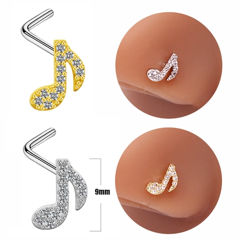 Music Note Copper Rhinestone Nose Stud Minimalist Fashion L-Shaped Piercing Jewelry For Men Women Gold Silver Nose Ring