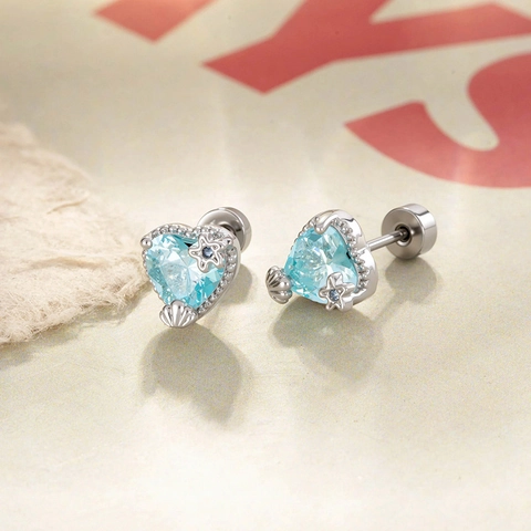 Heart Ear Cartilage Stud Blue Zircon Stainless Steel Copper Star Shell Piercing Jewelry Niche Style Unisex