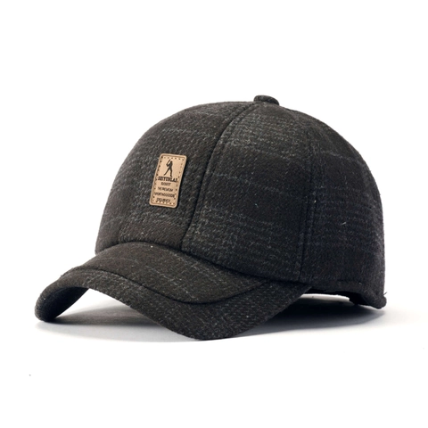 Men Winter Baseball Cap Plaid Woolen Tweed Duckbill Hat With Leather Patch Warm Ear Protection Casual Retro