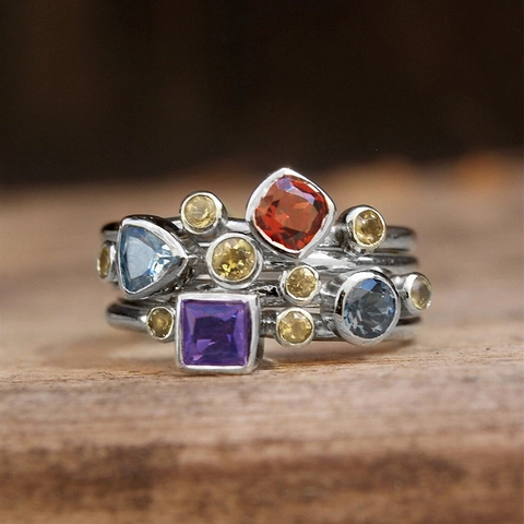 Anillo Geométrico De Cobre Con Circón Colorido Piedra Multiforma Estilo Apilado Moda Vintage Para Mujeres