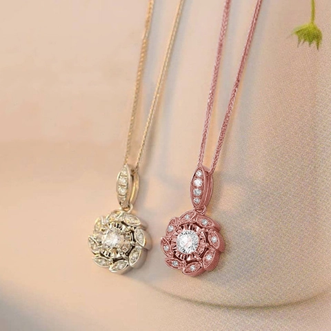 Bloem Hanger Ketting Koper Zirkoon Strass Franse Trendy Elegante Sieraden Voor Vrouwen