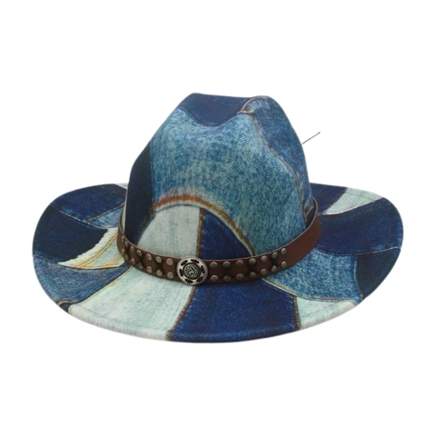 Cappello Da Cowboy Western Retro Denim Patchwork Tesa Larga Cotone Poliestere Cinturino Borchie Pelle PU Stile Vintage
