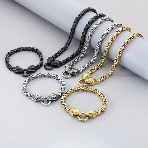 Stainless Steel Necklace And Bracelet Byzantine Chain Double Snake Head Rock Punk Style For Men