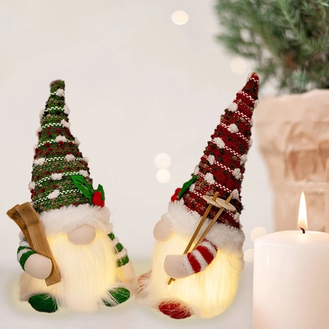 Gnomos de Navidad con Luces LED Decoración Esquí Nórdico Gnomo sin Rostro Muñecos de Peluche Gorro de Lunares Verde Rojo Adorno Navideño Hogar