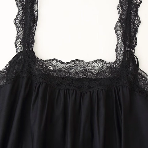 Women Satin Maxi Dress Lace Patchwork Spaghetti Strap Elegant Satin-Like Cami Long Slip Dress Solid Black