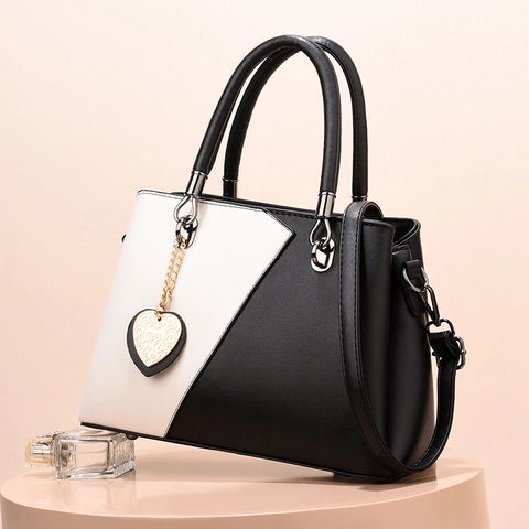 Women PU Leather Handbag Color Block Shoulder Bag With Heart Pendant Elegant Large Capacity Crossbody Bag