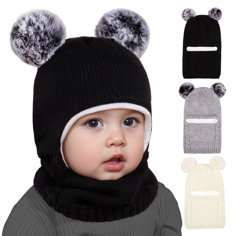 Bambini Inverno Acrilico Lavorato a Maglia Passamontagna Cappello Foderato in Pile Sciarpa con Cappuccio Integrato con Doppi Pompon Berretto Caldo Paraorecchie