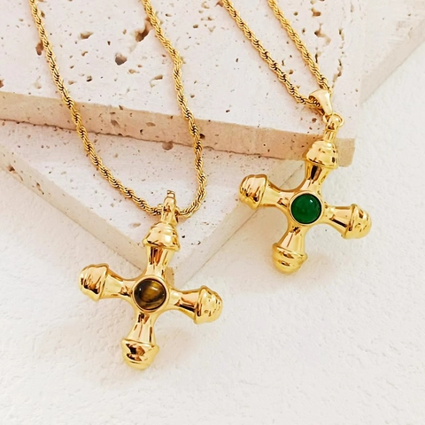 Collana Con Pendente A Croce Orecchino In Acciaio Inossidabile Con Occhio Di Tigre Pietra Verde Gioielli Retro Per Donna