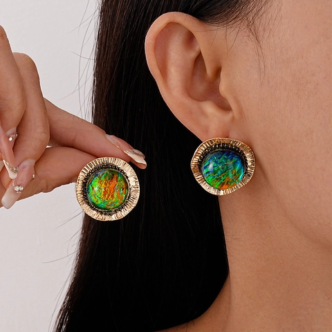 Vintage Round Geometric Stud Earrings With Green Iridescent Resin Inlay Alloy Gold Plated Silver Earring Post