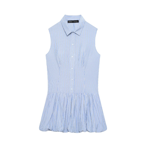 Abito Mini Senza Maniche Righe Blu Bianco Colletto Bottoni Orlo A Bolla Vita Alta Estate Donna