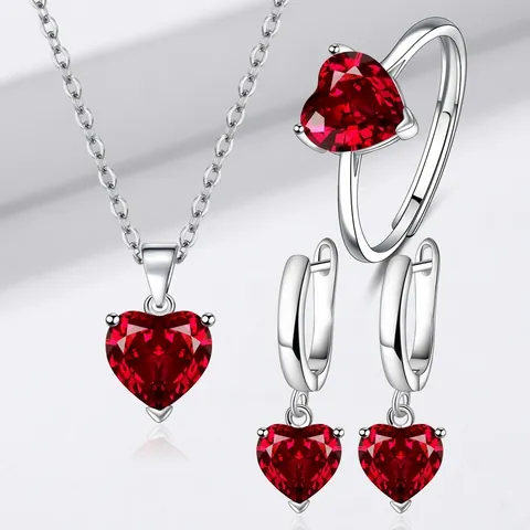 Parure Bijoux Coeur Zircon Cuivre Plaqué Rhodium Collier Boucles Créoles Bague Réglable Femme