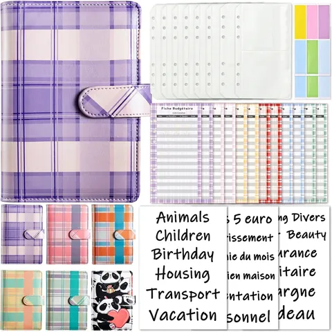 A6 Budget Binder Notebook PU Leder Karo Muster Ringbuch Planer Mit Reißverschlusstaschen Und Ausgabenblättern